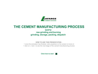 THE CEMENT MANUFACTURING PROCESS
quarry
raw grinding and burning
grinding, storage, packing, dispatch
HOW TO USE THIS PRESENTATION :
> once the animation has finished, click anywhere on the screen to move on
> click on « next » to see the next stage of the cement manufacturing process
Click here to start
 