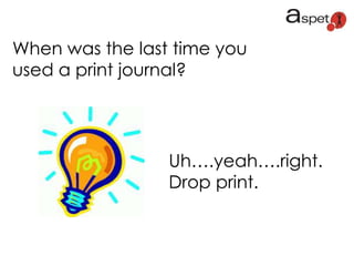 When was the last time you
used a print journal?
Uh….yeah….right.
Drop print.
 
