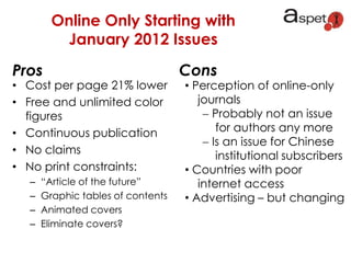 • Cost per page 21% lower
• Free and unlimited color
figures
• Continuous publication
• No claims
• No print constraints:
– “Article of the future”
– Graphic tables of contents
– Animated covers
– Eliminate covers?
• Perception of online-only
journals
Probably not an issue
for authors any more
Is an issue for Chinese
institutional subscribers
• Countries with poor
internet access
• Advertising – but changing
Pros Cons
Online Only Starting with
January 2012 Issues
 