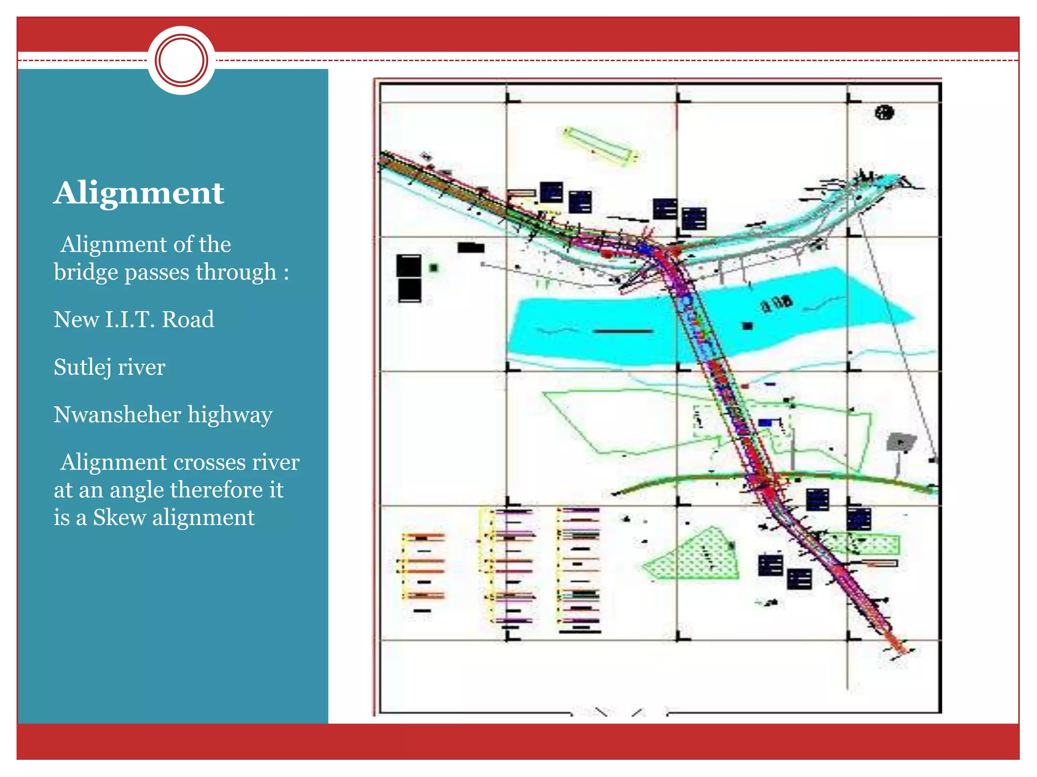 Alignment
•Alignment of the
bridge passes through :

New I.I.T. Road

Sutlej river

Nwansheher highway

•Alignment crosses river
at an angle therefore it
is a Skew alignment
 