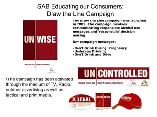 •The campaign has been activated
through the medium of TV, Radio,
outdoor advertising as well as
tactical and print media.
SAB Educating our Consumers:
Draw the Line Campaign
The Draw the Line campaign was launched
in 2005. The campaign involves
communicating responsible alcohol use
messages and ‘responsible’ decision
making.
Key campaign messages:
•Don’t Drink During Pregnancy
•Underage Drinking
•Don’t Drink and Drive
 