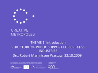 THEME 1: introduction STRUCTURE OF PUBLIC SUPPORT FOR CREATIVE INDUSTRIES Drs. Robert Marijnissen Warsaw, 22.10.2009  