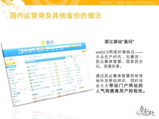 国内运营商及其他省份的做法浙江移动“易问”web2.0网络环境特点——大众生产时代，关键词：民众集体智慧、信息民主化、资源共享。通过民众集体智慧将有效地补充移动知识，同时也会大大带动门户网站的人气和提高用户的粘性。