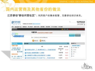 国内运营商及其他省份的做法江苏移动“移动问答社区”：利用客户的集体智慧，完善移动知识体系。