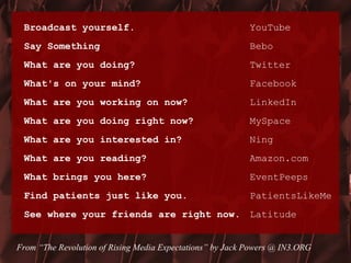 Broadcast yourself.  YouTube Say Something Bebo What are you doing? Twitter What's on your mind? Facebook   What are you working on now? LinkedIn What are you doing right now? MySpace What are you interested in? Ning What are you reading? Amazon.com What brings you here? EventPeeps Find patients just like you. PatientsLikeMe See where your friends are right now. Latitude From “The Revolution of Rising Media Expectations” by Jack Powers @ IN3.ORG 