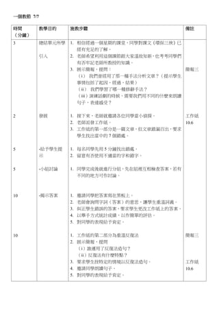 一個教節 7/7

時間         教學目的     施教步驟                            備註
（分鐘）
3          總結單元所學   1. 相信經過一個星期的課堂，同學對課文《環保三俠》已
                       經有充足的了解。
           引入       2. 老師希望利用這個課節跟大家溫故知新，也考考同學們
                       有否牢記老師所教授的知識。
                    3. 展示簡報，提問：                   簡報三
                       （i） 我們曾經用了那一種手法分析文章？（提示學生
                       事情包括了起因、經過、結果）
                       （ii） 我們學習了哪一種修辭手法？
                       （iii）演練話劇的時候，需要我們用不同的什麼來朗讀
                         句子，表達感受？


2          發展       1. 接下來，老師就邀請各位同學當小偵探。           工作紙
                    2. 老師派發工作紙。                 10.6
                    3. 工作紙的第一部分是一篇文章，但文章錯漏百出，要求
                       學生找出當中的 7 個錯處。


5          -給予學生提   1. 每名同學先用 5 分鐘找出錯處。
           示        2. 留意有否使用不適當的字和錯字。


5          -小組討論    1. 同學完成後就進行分組，先在組裡互相檢查答案，若有
                       不同的地方可作討論。



10         -揭示答案    1.   邀請同學把答案寫在黑板上。
                    2.   老師會詢問字詞（答案）的意思，讓學生重溫詞義。
                    3.   糾正學生錯誤的答案，要求學生更改工作紙上的答案。
                    4.   以舉手方式統計成績，以作簡單的評估。
                    5.   對同學的表現給予肯定。


10                  1. 工作紙的第二部分為重溫反復法               簡報三
                    2. 展示簡報，提問
                       （i）誰運用了反復法造句？
                       （ii）反復法有什麼特點？
                    3. 要求學生按特定的情境以反復法造句。            工作紙
                    4. 邀請同學朗讀句子。                    10.6
                    5. 對同學的表現給予肯定。
 