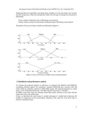 International Journal of Distributed and Parallel systems (IJDPS) Vol.1, No.1, September 2010
7
Employing these two algorithms and taking fuzzy variables of event and energy into account,
and also using fuzzy if then rule introduced in Table 1(b), the type of routing for next period is
determined.
Event: number of reported events to BS during a given period
Energy: energy average of cluster-heads sending message to BS during a given period
The details of fuzzy set of these variables are illustrated in Figure 4.
3. Simulations and performance analysis
To evaluate the proposed method, its efficiency is compared with Multi[7] and CHEF[21]
considering different aspects. For simulation, simulator MATLAB and a network with 100
nodes which are randomly scattered in 100m×100m square. The required parameters is: initial
power = 0.5J, Transmitter Electronics =50 nJ/bit, Receiver Electronics = 50 nJ/bit.
In HERF, using fuzzy logic for selecting cluster-head causes selection of the node with the
longest life time as the cluster-head.
Using γ to determine the initial chance is another advantage of method and it decreases the
number of comparisons in the second phase. Selection of the value 0/1 as the limit value is
based on simulation results.
Figure 4. Fuzzy set for fuzzy variables used in routing selection
 