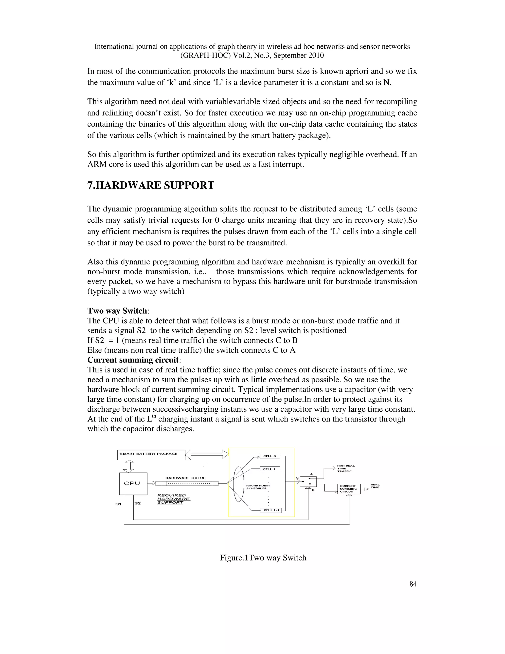 International journal on applications of graph theory in wireless ad hoc networks and sensor networks
(GRAPH-HOC) Vol.2, No.3, September 2010
84
In most of the communication protocols the maximum burst size is known apriori and so we fix
the maximum value of ‘k’ and since ‘L’ is a device parameter it is a constant and so is N.
This algorithm need not deal with variablevariable sized objects and so the need for recompiling
and relinking doesn’t exist. So for faster execution we may use an on-chip programming cache
containing the binaries of this algorithm along with the on-chip data cache containing the states
of the various cells (which is maintained by the smart battery package).
So this algorithm is further optimized and its execution takes typically negligible overhead. If an
ARM core is used this algorithm can be used as a fast interrupt.
7.HARDWARE SUPPORT
The dynamic programming algorithm splits the request to be distributed among ‘L’ cells (some
cells may satisfy trivial requests for 0 charge units meaning that they are in recovery state).So
any efficient mechanism is requires the pulses drawn from each of the ‘L’ cells into a single cell
so that it may be used to power the burst to be transmitted.
Also this dynamic programming algorithm and hardware mechanism is typically an overkill for
non-burst mode transmission, i.e., those transmissions which require acknowledgements for
every packet, so we have a mechanism to bypass this hardware unit for burstmode transmission
(typically a two way switch)
Two way Switch:
The CPU is able to detect that what follows is a burst mode or non-burst mode traffic and it
sends a signal S2 to the switch depending on S2 ; level switch is positioned
If S2 = 1 (means real time traffic) the switch connects C to B
Else (means non real time traffic) the switch connects C to A
Current summing circuit:
This is used in case of real time traffic; since the pulse comes out discrete instants of time, we
need a mechanism to sum the pulses up with as little overhead as possible. So we use the
hardware block of current summing circuit. Typical implementations use a capacitor (with very
large time constant) for charging up on occurrence of the pulse.In order to protect against its
discharge between successivecharging instants we use a capacitor with very large time constant.
At the end of the Lth
charging instant a signal is sent which switches on the transistor through
which the capacitor discharges.
Figure.1Two way Switch
 