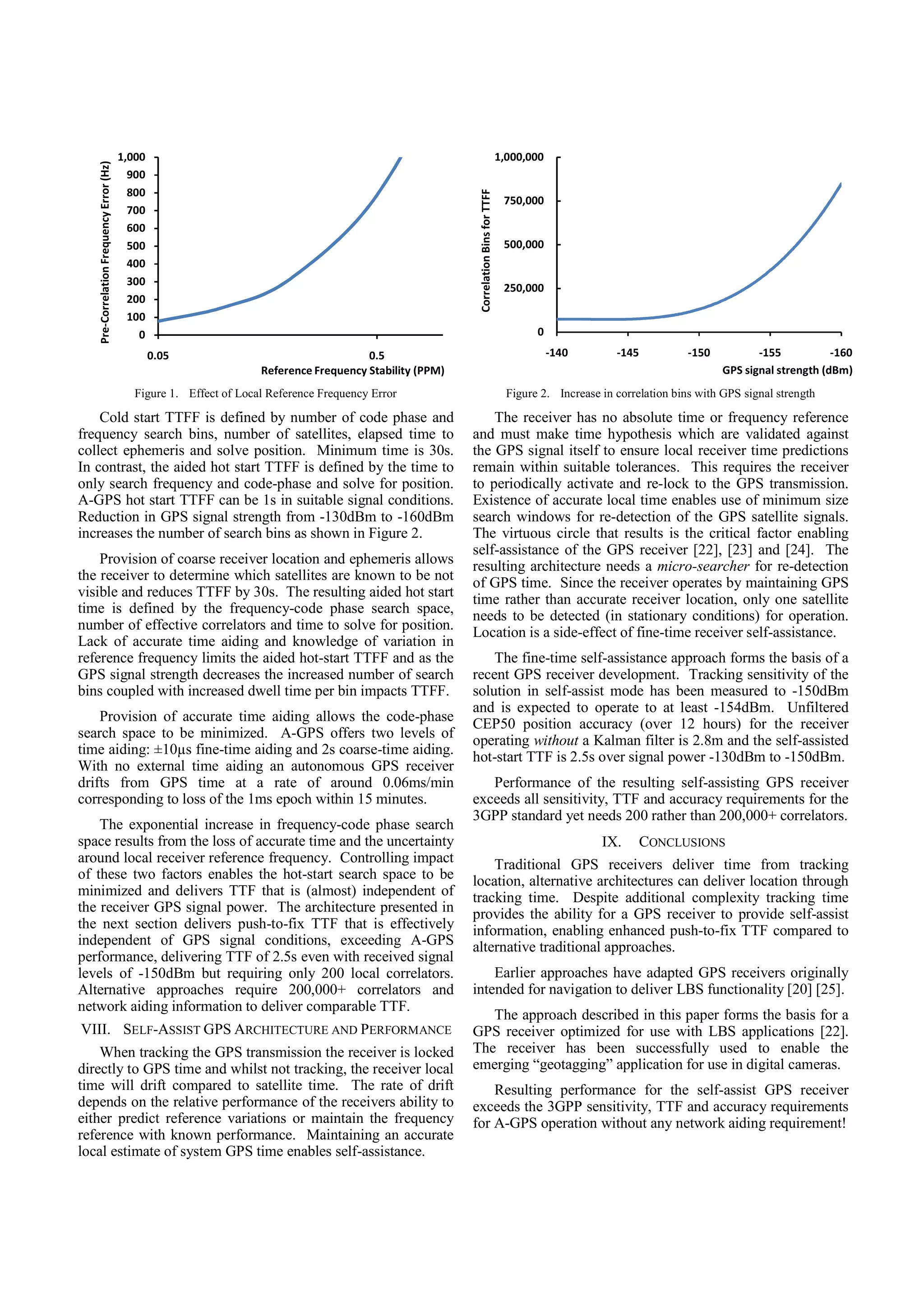 1,000                                                                                        1,000,000
   Pre-Correlation Frequency Error (Hz)




                                            900
                                            800




                                                                                                           Correlation Bins for TTFF
                                                                                                                                        750,000
                                            700
                                            600
                                            500                                                                                         500,000
                                            400
                                            300
                                                                                                                                        250,000
                                            200
                                            100
                                              0                                                                                                0
                                                  0.05                                   0.5                                                       -140        -145           -150          -155           -160
                                                                     Reference Frequency Stability (PPM)                                                                             GPS signal strength (dBm)
                                             Figure 1. Effect of Local Reference Frequency Error                                         Figure 2. Increase in correlation bins with GPS signal strength

    Cold start TTFF is defined by number of code phase and                                                     The receiver has no absolute time or frequency reference
frequency search bins, number of satellites, elapsed time to                                               and must make time hypothesis which are validated against
collect ephemeris and solve position. Minimum time is 30s.                                                 the GPS signal itself to ensure local receiver time predictions
In contrast, the aided hot start TTFF is defined by the time to                                            remain within suitable tolerances. This requires the receiver
only search frequency and code-phase and solve for position.                                               to periodically activate and re-lock to the GPS transmission.
A-GPS hot start TTFF can be 1s in suitable signal conditions.                                              Existence of accurate local time enables use of minimum size
Reduction in GPS signal strength from -130dBm to -160dBm                                                   search windows for re-detection of the GPS satellite signals.
increases the number of search bins as shown in Figure 2.                                                  The virtuous circle that results is the critical factor enabling
                                                                                                           self-assistance of the GPS receiver [22], [23] and [24]. The
    Provision of coarse receiver location and ephemeris allows                                             resulting architecture needs a micro-searcher for re-detection
the receiver to determine which satellites are known to be not                                             of GPS time. Since the receiver operates by maintaining GPS
visible and reduces TTFF by 30s. The resulting aided hot start                                             time rather than accurate receiver location, only one satellite
time is defined by the frequency-code phase search space,                                                  needs to be detected (in stationary conditions) for operation.
number of effective correlators and time to solve for position.                                            Location is a side-effect of fine-time receiver self-assistance.
Lack of accurate time aiding and knowledge of variation in
reference frequency limits the aided hot-start TTFF and as the                                                 The fine-time self-assistance approach forms the basis of a
GPS signal strength decreases the increased number of search                                               recent GPS receiver development. Tracking sensitivity of the
bins coupled with increased dwell time per bin impacts TTFF.                                               solution in self-assist mode has been measured to -150dBm
                                                                                                           and is expected to operate to at least -154dBm. Unfiltered
    Provision of accurate time aiding allows the code-phase                                                CEP50 position accuracy (over 12 hours) for the receiver
search space to be minimized. A-GPS offers two levels of                                                   operating without a Kalman filter is 2.8m and the self-assisted
time aiding: ±10µs fine-time aiding and 2s coarse-time aiding.                                             hot-start TTF is 2.5s over signal power -130dBm to -150dBm.
With no external time aiding an autonomous GPS receiver
drifts from GPS time at a rate of around 0.06ms/min                                                           Performance of the resulting self-assisting GPS receiver
corresponding to loss of the 1ms epoch within 15 minutes.                                                  exceeds all sensitivity, TTF and accuracy requirements for the
                                                                                                           3GPP standard yet needs 200 rather than 200,000+ correlators.
    The exponential increase in frequency-code phase search
space results from the loss of accurate time and the uncertainty                                                                                            IX.       CONCLUSIONS
around local receiver reference frequency. Controlling impact                                                  Traditional GPS receivers deliver time from tracking
of these two factors enables the hot-start search space to be                                              location, alternative architectures can deliver location through
minimized and delivers TTF that is (almost) independent of                                                 tracking time. Despite additional complexity tracking time
the receiver GPS signal power. The architecture presented in                                               provides the ability for a GPS receiver to provide self-assist
the next section delivers push-to-fix TTF that is effectively                                              information, enabling enhanced push-to-fix TTF compared to
independent of GPS signal conditions, exceeding A-GPS                                                      alternative traditional approaches.
performance, delivering TTF of 2.5s even with received signal
levels of -150dBm but requiring only 200 local correlators.                                                    Earlier approaches have adapted GPS receivers originally
Alternative approaches require 200,000+ correlators and                                                    intended for navigation to deliver LBS functionality [20] [25].
network aiding information to deliver comparable TTF.
                                                                                                              The approach described in this paper forms the basis for a
VIII. SELF-ASSIST GPS ARCHITECTURE AND PERFORMANCE                                                         GPS receiver optimized for use with LBS applications [22].
    When tracking the GPS transmission the receiver is locked                                              The receiver has been successfully used to enable the
directly to GPS time and whilst not tracking, the receiver local                                           emerging “geotagging” application for use in digital cameras.
time will drift compared to satellite time. The rate of drift                                                  Resulting performance for the self-assist GPS receiver
depends on the relative performance of the receivers ability to                                            exceeds the 3GPP sensitivity, TTF and accuracy requirements
either predict reference variations or maintain the frequency                                              for A-GPS operation without any network aiding requirement!
reference with known performance. Maintaining an accurate
local estimate of system GPS time enables self-assistance.
 