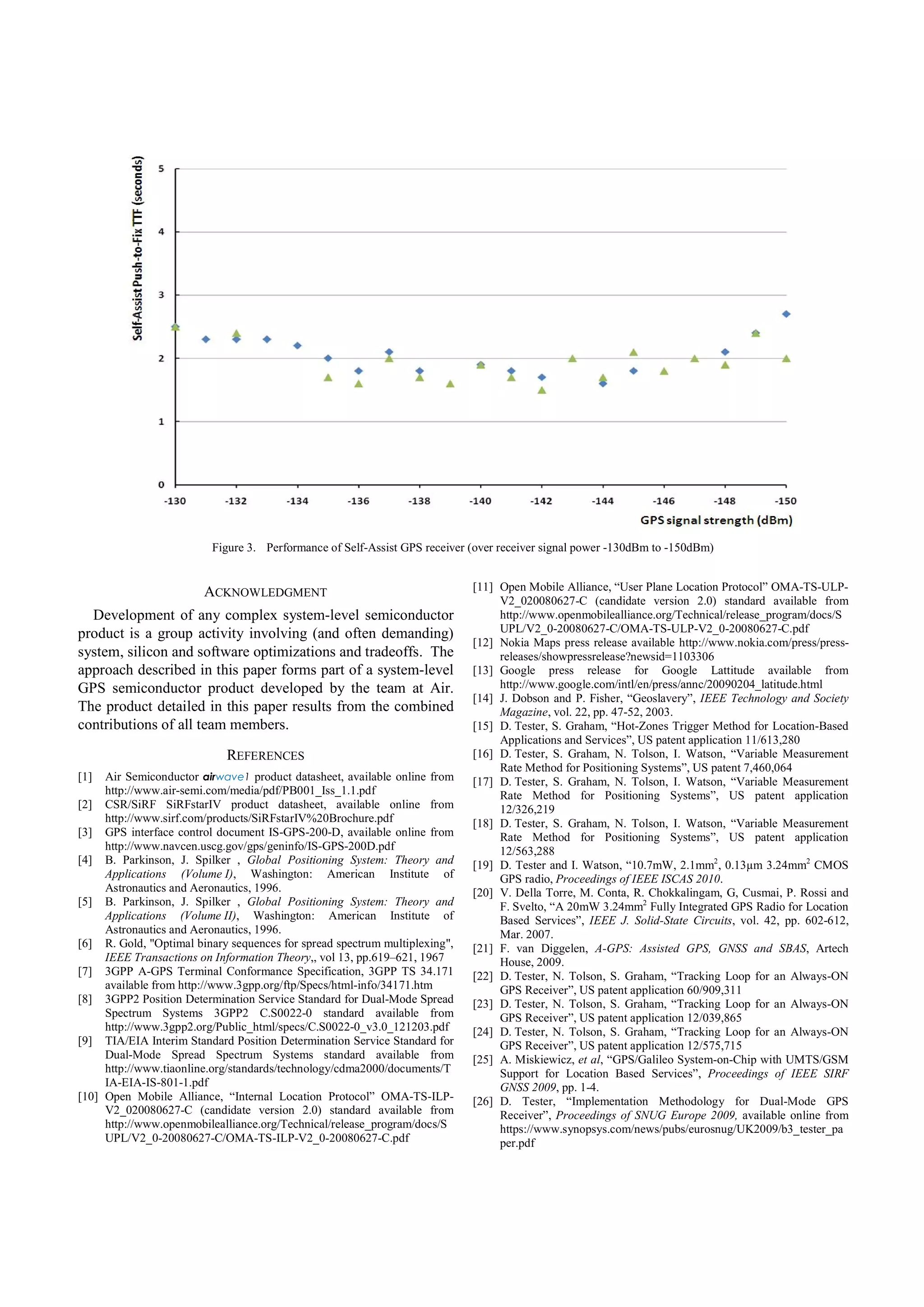 Figure 3. Performance of Self-Assist GPS receiver (over receiver signal power -130dBm to -150dBm)


                        ACKNOWLEDGMENT                                      [11] Open Mobile Alliance, “User Plane Location Protocol” OMA-TS-ULP-
                                                                                 V2_020080627-C (candidate version 2.0) standard available from
  Development of any complex system-level semiconductor                          http://www.openmobilealliance.org/Technical/release_program/docs/S
product is a group activity involving (and often demanding)                      UPL/V2_0-20080627-C/OMA-TS-ULP-V2_0-20080627-C.pdf
                                                                            [12] Nokia Maps press release available http://www.nokia.com/press/press-
system, silicon and software optimizations and tradeoffs. The                    releases/showpressrelease?newsid=1103306
approach described in this paper forms part of a system-level               [13] Google press release for Google Lattitude available from
GPS semiconductor product developed by the team at Air.                          http://www.google.com/intl/en/press/annc/20090204_latitude.html
                                                                            [14] J. Dobson and P. Fisher, “Geoslavery”, IEEE Technology and Society
The product detailed in this paper results from the combined                     Magazine, vol. 22, pp. 47-52, 2003.
contributions of all team members.                                          [15] D. Tester, S. Graham, “Hot-Zones Trigger Method for Location-Based
                                                                                 Applications and Services”, US patent application 11/613,280
                            REFERENCES                                      [16] D. Tester, S. Graham, N. Tolson, I. Watson, “Variable Measurement
                                                                                 Rate Method for Positioning Systems”, US patent 7,460,064
[1]  Air Semiconductor airwave1 product datasheet, available online from    [17] D. Tester, S. Graham, N. Tolson, I. Watson, “Variable Measurement
     http://www.air-semi.com/media/pdf/PB001_Iss_1.1.pdf                         Rate Method for Positioning Systems”, US patent application
[2] CSR/SiRF SiRFstarIV product datasheet, available online from                 12/326,219
     http://www.sirf.com/products/SiRFstarIV%20Brochure.pdf                 [18] D. Tester, S. Graham, N. Tolson, I. Watson, “Variable Measurement
[3] GPS interface control document IS-GPS-200-D, available online from           Rate Method for Positioning Systems”, US patent application
     http://www.navcen.uscg.gov/gps/geninfo/IS-GPS-200D.pdf                      12/563,288
[4] B. Parkinson, J. Spilker , Global Positioning System: Theory and        [19] D. Tester and I. Watson, “10.7mW, 2.1mm2 , 0.13µm 3.24mm2 CMOS
     Applications (Volume I), Washington: American Institute of                  GPS radio, Proceedings of IEEE ISCAS 2010.
     Astronautics and Aeronautics, 1996.                                    [20] V. Della Torre, M. Conta, R. Chokkalingam, G, Cusmai, P. Rossi and
[5] B. Parkinson, J. Spilker , Global Positioning System: Theory and             F. Svelto, “A 20mW 3.24mm2 Fully Integrated GPS Radio for Location
     Applications (Volume II), Washington: American Institute of                 Based Services”, IEEE J. Solid-State Circuits, vol. 42, pp. 602-612,
     Astronautics and Aeronautics, 1996.                                         Mar. 2007.
[6] R. Gold, "Optimal binary sequences for spread spectrum multiplexing",   [21] F. van Diggelen, A-GPS: Assisted GPS, GNSS and SBAS, Artech
     IEEE Transactions on Information Theory,, vol 13, pp.619–621, 1967          House, 2009.
[7] 3GPP A-GPS Terminal Conformance Specification, 3GPP TS 34.171           [22] D. Tester, N. Tolson, S. Graham, “Tracking Loop for an Always-ON
     available from http://www.3gpp.org/ftp/Specs/html-info/34171.htm            GPS Receiver”, US patent application 60/909,311
[8] 3GPP2 Position Determination Service Standard for Dual-Mode Spread      [23] D. Tester, N. Tolson, S. Graham, “Tracking Loop for an Always-ON
     Spectrum Systems 3GPP2 C.S0022-0 standard available from                    GPS Receiver”, US patent application 12/039,865
     http://www.3gpp2.org/Public_html/specs/C.S0022-0_v3.0_121203.pdf       [24] D. Tester, N. Tolson, S. Graham, “Tracking Loop for an Always-ON
[9] TIA/EIA Interim Standard Position Determination Service Standard for         GPS Receiver”, US patent application 12/575,715
     Dual-Mode Spread Spectrum Systems standard available from              [25] A. Miskiewicz, et al, “GPS/Galileo System-on-Chip with UMTS/GSM
     http://www.tiaonline.org/standards/technology/cdma2000/documents/T          Support for Location Based Services”, Proceedings of IEEE SIRF
     IA-EIA-IS-801-1.pdf                                                         GNSS 2009, pp. 1-4.
[10] Open Mobile Alliance, “Internal Location Protocol” OMA-TS-ILP-         [26] D. Tester, “Implementation Methodology for Dual-Mode GPS
     V2_020080627-C (candidate version 2.0) standard available from              Receiver”, Proceedings of SNUG Europe 2009, available online from
     http://www.openmobilealliance.org/Technical/release_program/docs/S          https://www.synopsys.com/news/pubs/eurosnug/UK2009/b3_tester_pa
     UPL/V2_0-20080627-C/OMA-TS-ILP-V2_0-20080627-C.pdf                          per.pdf
 