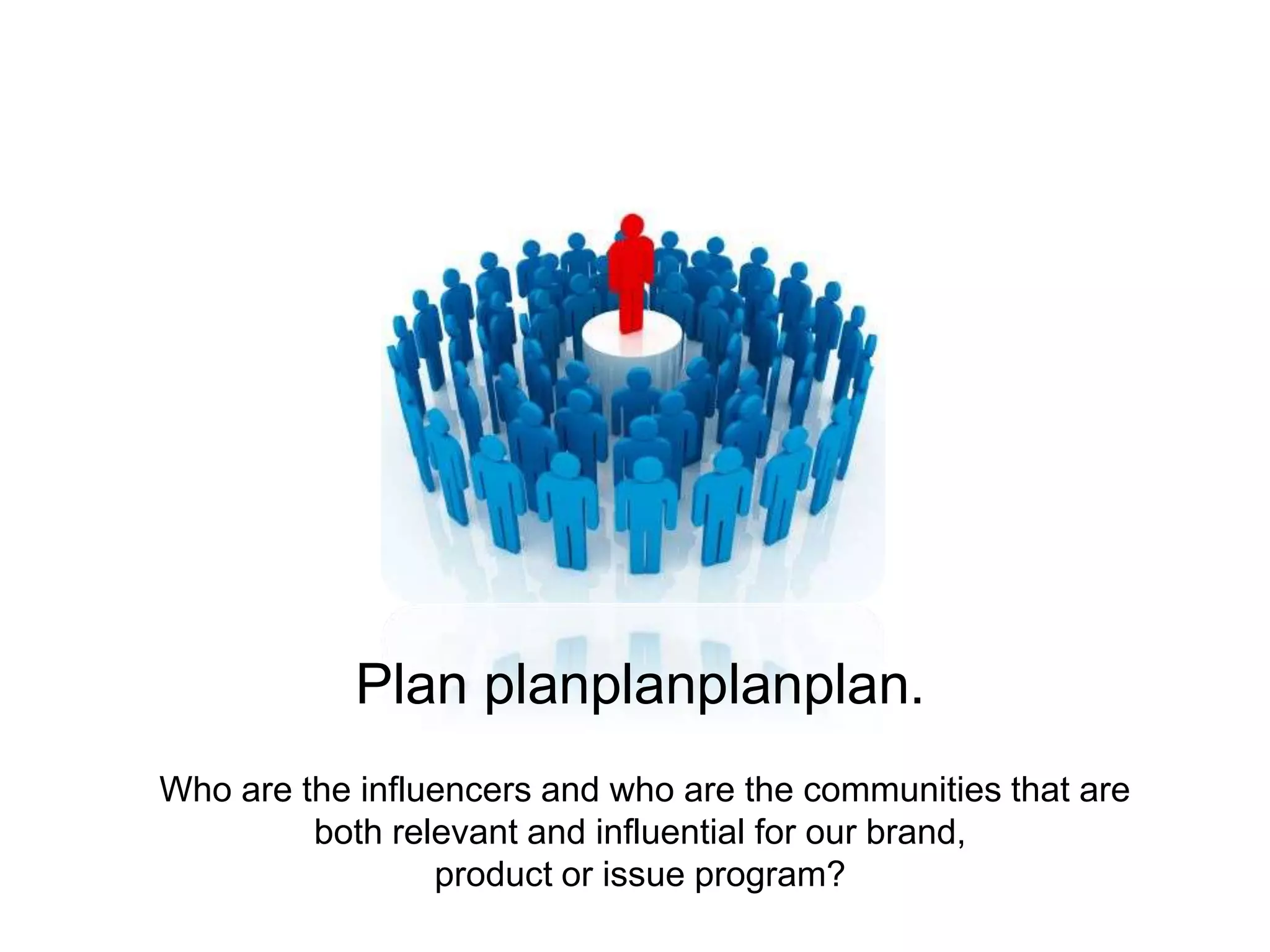 Plan planplanplanplan. Who are the influencers and who are the communities that are both relevant and influential for our brand, product or issue program? 