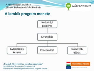 A meddőségről általában 
Előadó: Szelezsánné Erdei Éva Lívia 
A lombik program menete 
„Családi életvezetés a mindennapokban” 
SARKAD-DAOP-5.1.1-09-2f-2010-0002-16 
Életvezetési, mentálhigiénés tanácsadó Program sorozat 
 