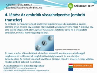 A meddőségről általában 
Előadó: Szelezsánné Erdei Éva Lívia 
4. lépés: Az embriók visszahelyezése (embrió 
transzfer) 
Az embriók méhüregbe történő beültetése fájdalommentes beavatkozás, a páciens 
számára olyan, mintha egy szokásos nőgyógyászati vizsgálaton venne részt. A biológus egy 
erre a célra kifejlesztett, steril, egyszer használatos katéterbe szívja föl a kiválasztott 
embriókat, minimál mennyiségű tápoldattal. 
Képforrása:www.nemesekteherbe.hu 
Az orvos a puha, vékony katétert a hüvelyen keresztül, az előzetesen ultrahanggal 
meghatározott méhhossznak megfelelő távolságig bevezeti, és az embriókat 
befecskendezi. Az embrió transzfert követően a biológus ellenőrzi a katétert, hogy valóban 
minden embrió bekerült-e a méhbe. 
„Családi életvezetés a mindennapokban” 
SARKAD-DAOP-5.1.1-09-2f-2010-0002-16 
Életvezetési, mentálhigiénés tanácsadó Program sorozat 
 