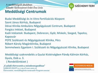 A meddőségről általában 
Előadó: Szelezsánné Erdei Éva Lívia 
Meddőségi Centrumok 
Budai Meddőségi és In Vitro Fertilizációs Központ 
Szent János Kórház, Budapest 
Dévai Klinika Ambuláns Nőgyógyászati Centrum, Budapest 
Forgács Intézet, Budapest 
Kaáli Intézetek: Budapest, Debrecen, Győr, Miskolc, Szeged, Tapolca, 
Kaposvár 
POTE Szülészeti és Nőgyógyászati Klinika, Pécs 
Róbert Károly Magánklinika, Budapest 
Semmelweis Egyetem I. Szülészeti és Nőgyógyászati Klinika, Budapest 
Meddőségi szakrendelés a Gyulai Kistérségben Pándy Kálmán Kórház, 
Gyula, Dob u. 3. 
( Rendelőintézet ) 
„Családi életvezetés a mindennapokban” 
SARKAD-DAOP-5.1.1-09-2f-2010-0002-16 
Életvezetési, mentálhigiénés tanácsadó Program sorozat 
 