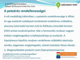 A meddőségről általában 
Előadó: Szelezsánné Erdei Éva Lívia 
A peteérés rendellenességei 
A női meddőség hátterében, a peteérés rendellenessége is állhat. 
Az agy ovulációt szabályozó területének rendellenes működése, 
alacsony luteinizáló hormon (LH) és follikulus stimuláló hormon 
(FSH) szintet eredményezhet. Már a hormonális rendszer nagyon 
kisfokú megbetegedése is befolyásolhatja az ovulációt. A 
hipotalamus-hipofízis rendszer rendellenes működést okozhatja 
sérülés, daganatos megbetegedés, túlzott testedzés illetve éhezés 
is. Megemelkedett prolactin szint (hiperprolactinaemia). 
„Családi életvezetés a mindennapokban” 
SARKAD-DAOP-5.1.1-09-2f-2010-0002-16 
Életvezetési, mentálhigiénés tanácsadó Program sorozat 
 