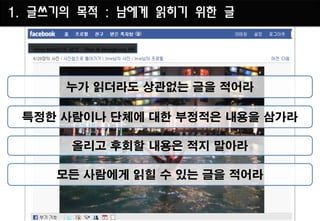 1. 글쓰기의 목적 : 남에게 읽히기 위한 글




      누가 읽더라도 상관없는 글을 적어라

 특정한 사람이나 단체에 대한 부정적은 내용을 삼가라

       올리고 후회할 내용은 적지 말아라

     모든 사람에게 읽힐 수 있는 글을 적어라
 