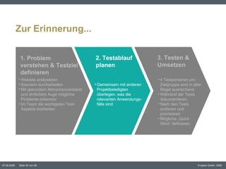 Zur Erinnerung... 4 Testpersonen pro Zielgruppe sind in aller Regel ausreichend Während der Tests dokumentieren Nach den Tests sortieren und priorisieren Mögliche „Quick  Wins“ definieren. Website analysieren Szenario durcharbeiten Mit gesundem Menschenverstand und ehrlichem Auge mögliche Probleme erkennen Im Team die wichtigsten Test-Aspekte erarbeiten 1. Problem  verstehen & Testziel definieren 2. Testablauf planen 3. Testen &  Umsetzen Gemeinsam mit anderen Projektbeteiligten überlegen, was die relevanten Anwendungs- fälle sind 