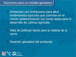 Ambientes con limitaciones para altos rendimientos agrícolas que conviven en el mismo establecimiento con zonas aptas para el desarrollo de cultivos agrícolas Falta de políticas claras para la cadena de la carne Vocación ganadera del productor Escenario para un modelo ganadero 