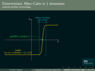 Deterministic Allen–Cahn in 1 dimension
resolved proﬁles terminology



                               diﬀuse interface
                          u       O( ) thick




       proﬁle’s center ξ
                                                              x


            proﬁle    √
 {(x,u): u≈tanh((x−ξ)/ 2)}




      O Lakkis (Sussex)        computational stochastic phase-ﬁeld   Bielefeld, 18 November 2009   11 / 62
 