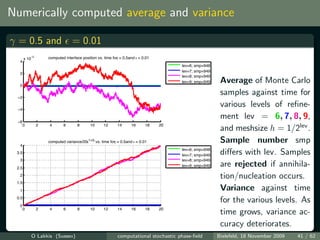 Numerically computed average and variance

γ = 0.5 and = 0.01
           −3
       x 10         computed interface position vs. time for = 0.5and ε = 0.01
                                                           γ
  4
                                                                                      lev=6; smp=948
                                                                                      lev=7; smp=949
  2
                                                                                      lev=8; smp=949

  0
                                                                                      lev=9; smp=949    Average of Monte Carlo
 −2
                                                                                                        samples against time for
 −4
                                                                                                        various levels of reﬁne-
                                                                                                        ment lev = 6, 7, 8, 9,
 −6
       0        2    4      6       8       10      12      14      16      18   20
                                                                                                        and meshsize h = 1/2lev .
  4
                    computed variance/20ε1+2γ vs. time forγ = 0.5and ε = 0.01                           Sample number smp
                                                                                      lev=6; smp=948
 3.5
                                                                                      lev=7; smp=949    diﬀers with lev. Samples
  3                                                                                   lev=8; smp=949
 2.5
                                                                                      lev=9; smp=949    are rejected if annihila-
  2                                                                                                     tion/nucleation occurs.
 1.5
  1                                                                                                     Variance against time
 0.5
                                                                                                        for the various levels. As
  0
       0        2    4      6       8       10      12      14      16      18   20
                                                                                                        time grows, variance ac-
                                                                                                        curacy deteriorates.
              O Lakkis (Sussex)                             computational stochastic phase-ﬁeld        Bielefeld, 18 November 2009   41 / 62
 