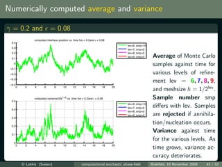 Numerically computed average and variance

γ = 0.2 and = 0.08
                   computed interface position vs. time for = 0.2and ε = 0.08
                                                          γ
  0.4
                                                                                     lev=6; smp=19
  0.3
                                                                                     lev=7; smp=0
  0.2                                                                                lev=8; smp=0
  0.1
                                                                                     lev=9; smp=0     Average of Monte Carlo
   0
                                                                                                      samples against time for
 −0.1
 −0.2                                                                                                 various levels of reﬁne-
 −0.3
                                                                                                      ment lev = 6, 7, 8, 9,
 −0.4
        0    2     4       6       8       10      12      14      16      18   20
                                                                                                      and meshsize h = 1/2lev .
  0.5
                   computed variance/20ε1+2γ vs. time forγ = 0.2and ε = 0.08                          Sample number smp
                                                                                     lev=6; smp=19
  0.4
                                                                                     lev=7; smp=0     diﬀers with lev. Samples
                                                                                     lev=8; smp=0

  0.3
                                                                                     lev=9; smp=0     are rejected if annihila-
  0.2
                                                                                                      tion/nucleation occurs.
  0.1
                                                                                                      Variance against time
                                                                                                      for the various levels. As
   0
        0    2     4       6       8       10      12      14      16      18   20
                                                                                                      time grows, variance ac-
                                                                                                      curacy deteriorates.
            O Lakkis (Sussex)                             computational stochastic phase-ﬁeld        Bielefeld, 18 November 2009   43 / 62
 