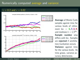 Numerically computed average and variance

γ = 0.2 and = 0.02
                  computed interface position vs. time for = 0.2and ε = 0.02
                                                         γ
 0.15
                                                                                    lev=6; smp=907
                                                                                    lev=7; smp=755
  0.1                                                                               lev=8; smp=727
                                                                                    lev=9; smp=732    Average of Monte Carlo
 0.05
                                                                                                      samples against time for
   0                                                                                                  various levels of reﬁne-
                                                                                                      ment lev = 6, 7, 8, 9,
−0.05
        0    2     4      6       8       10      12      14      16      18   20
                                                                                                      and meshsize h = 1/2lev .
  2.5
                  computed variance/20ε1+2γ vs. time forγ = 0.2and ε = 0.02                           Sample number smp
                                                                                    lev=6; smp=907
   2
                                                                                    lev=7; smp=755    diﬀers with lev. Samples
                                                                                    lev=8; smp=727

  1.5
                                                                                    lev=9; smp=732    are rejected if annihila-
   1
                                                                                                      tion/nucleation occurs.
  0.5
                                                                                                      Variance against time
                                                                                                      for the various levels. As
   0
        0    2     4      6       8       10      12      14      16      18   20
                                                                                                      time grows, variance ac-
                                                                                                      curacy deteriorates.
            O Lakkis (Sussex)                             computational stochastic phase-ﬁeld        Bielefeld, 18 November 2009   45 / 62
 