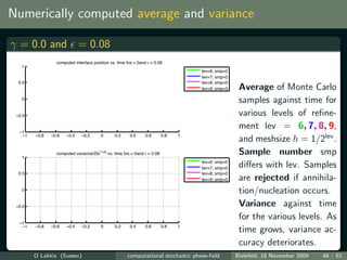 Numerically computed average and variance

γ = 0.0 and = 0.08
                 computed interface position vs. time for = 0and ε = 0.08
                                                        γ
   1
                                                                                     lev=6; smp=0
                                                                                     lev=7; smp=0
  0.5                                                                                lev=8; smp=0
                                                                                     lev=9; smp=0    Average of Monte Carlo
   0
                                                                                                     samples against time for
 −0.5                                                                                                various levels of reﬁne-
                                                                                                     ment lev = 6, 7, 8, 9,
  −1
   −1   −0.8   −0.6   −0.4    −0.2      0       0.2     0.4     0.6        0.8   1
                                                                                                     and meshsize h = 1/2lev .
   1
                 computed variance/20ε1+2γ vs. time forγ = 0and ε = 0.08                             Sample number smp
                                                                                     lev=6; smp=0
                                                                                     lev=7; smp=0    diﬀers with lev. Samples
  0.5                                                                                lev=8; smp=0
                                                                                     lev=9; smp=0    are rejected if annihila-
   0                                                                                                 tion/nucleation occurs.
 −0.5                                                                                                Variance against time
                                                                                                     for the various levels. As
  −1
   −1   −0.8   −0.6   −0.4    −0.2      0       0.2     0.4     0.6        0.8   1
                                                                                                     time grows, variance ac-
                                                                                                     curacy deteriorates.
        O Lakkis (Sussex)                             computational stochastic phase-ﬁeld           Bielefeld, 18 November 2009   48 / 62
 