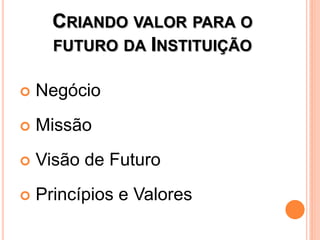 CRIANDO VALOR PARA O
      FUTURO DA INSTITUIÇÃO

   Negócio
   Missão
   Visão de Futuro
   Princípios e Valores
 