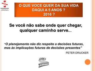 O QUE VOCE QUER DA SUA VIDA
               DAQUI A 5 ANOS ?
                    2016 ?


   Se você não sabe onde quer chegar,
        qualquer caminho serve...


“O planejamento não diz respeito a decisões futuras,
mas às implicações futuras de decisões presentes”
                                        PETER DRUCKER
 