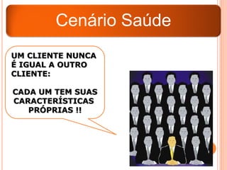 Cenário Saúde
UM CLIENTE NUNCA
É IGUAL A OUTRO
CLIENTE:

CADA UM TEM SUAS
CARACTERÍSTICAS
   PRÓPRIAS !!
 