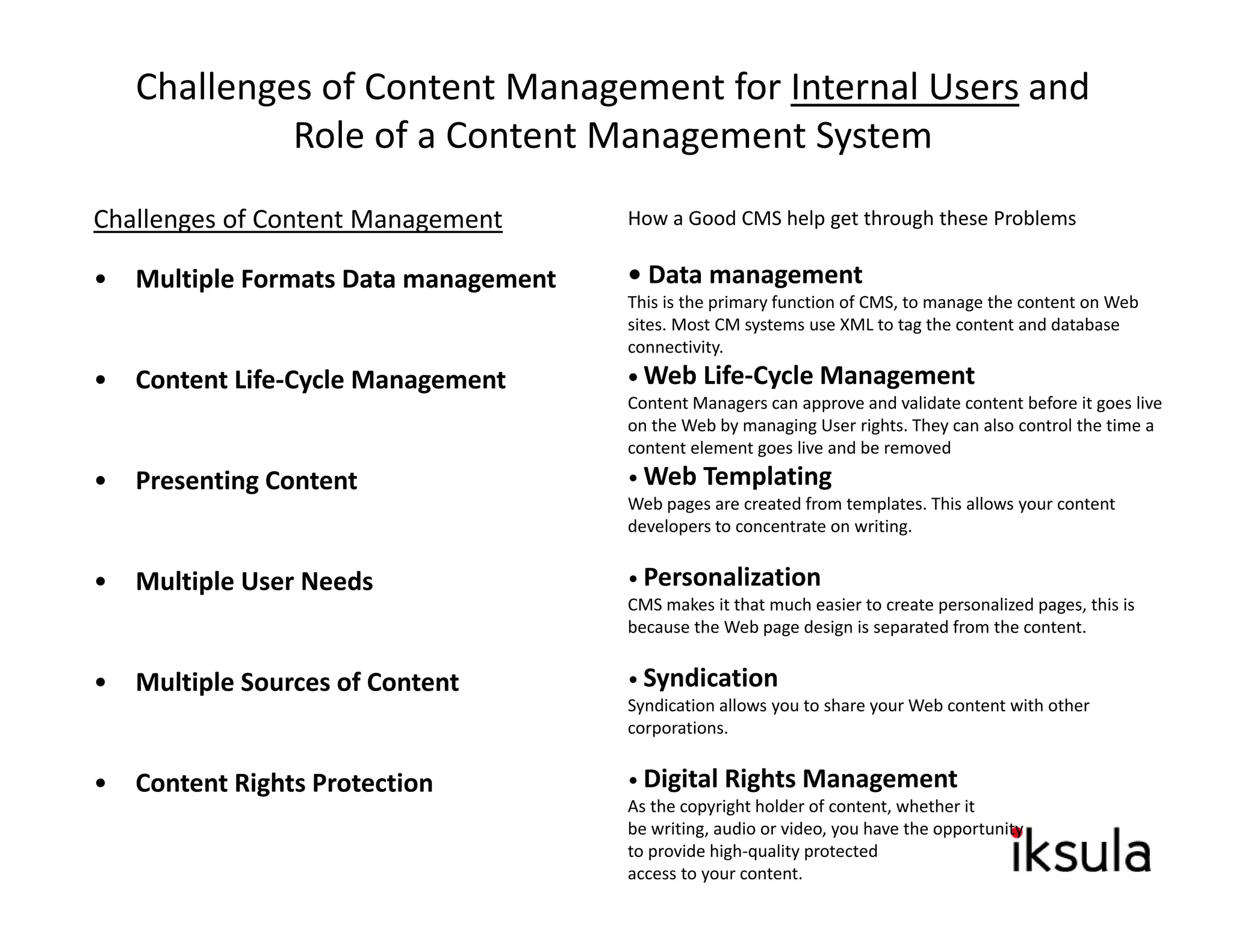 Challenges of Content Management for Internal Users and 
             Role of a Content Management System
Challenges of Content Management       How a Good CMS help get through these Problems

•   Multiple Formats Data management   • Data management
                                       This is the primary function of CMS, to manage the content on Web 
                                        h       h          f         f                 h               b
                                       sites. Most CM systems use XML to tag the content and database 
                                       connectivity.
•   Content Life‐Cycle Management      • Web Life‐Cycle Management
                                       Content Managers can approve and validate content before it goes live 
                                       on the Web by managing User rights. They can also control the time a 
                                       content element goes live and be removed
•   Presenting Content                 • Web Templating
                                       Web pages are created from templates. This allows your content 
                                       developers to concentrate on writing. 


•   Multiple User Needs                • Personalization
                                       CMS makes it that much easier to create personalized pages, this is 
                                       because the Web page design is separated from the content. 


•   Multiple Sources of Content        • Syndication
                                       Syndication allows you to share your Web content with other 
                                       corporations.


•   Content Rights Protection
    C t t Ri ht P t ti                 • Digital Rights Management
                                         Digital Rights Management
                                       As the copyright holder of content, whether it 
                                       be writing, audio or video, you have the opportunity 
                                       to provide high‐quality protected 
                                       access to your content. 
 