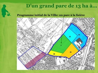 D’un grand parc de 13 ha à…
Programme initial de la Ville: un parc à la lisière
 
