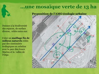 …une mosaïque verte de 13 ha
Donner à la biodiversité
des espaces, de surface
diverse, reliés entre eux
Créer un maillage fin de
milieux naturels reliés
par des continuités
écologiques en relation
avec le parc des Joncs
Marins et la vallée de
l’Orge.
Proposition de l’AMO écologie urbaine
 