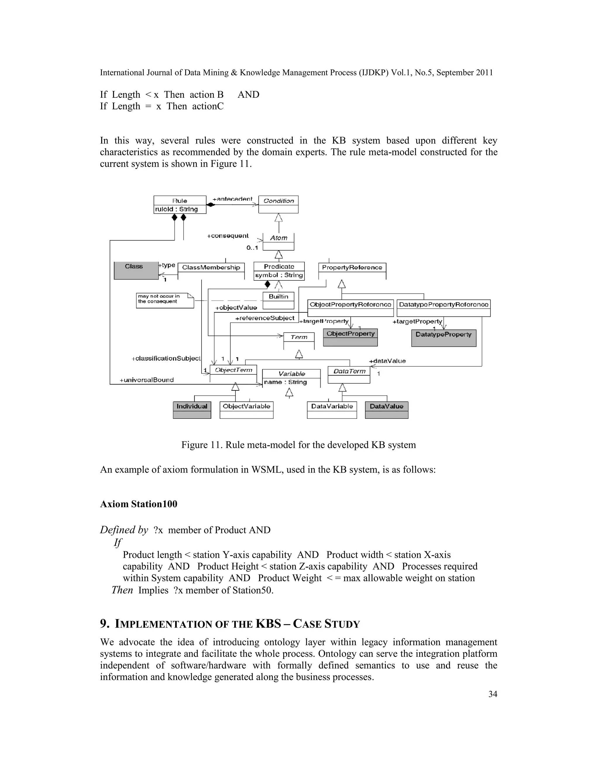 International Journal of Data Mining & Knowledge Management Process (IJDKP) Vol.1, No.5, September 2011
34
If Length < x Then action B AND
If Length = x Then actionC
In this way, several rules were constructed in the KB system based upon different key
characteristics as recommended by the domain experts. The rule meta-model constructed for the
current system is shown in Figure 11.
Figure 11. Rule meta-model for the developed KB system
An example of axiom formulation in WSML, used in the KB system, is as follows:
Axiom Station100
Defined by ?x member of Product AND
If
Product length < station Y-axis capability AND Product width < station X-axis
capability AND Product Height < station Z-axis capability AND Processes required
within System capability AND Product Weight < = max allowable weight on station
Then Implies ?x member of Station50.
9. IMPLEMENTATION OF THE KBS – CASE STUDY
We advocate the idea of introducing ontology layer within legacy information management
systems to integrate and facilitate the whole process. Ontology can serve the integration platform
independent of software/hardware with formally defined semantics to use and reuse the
information and knowledge generated along the business processes.
International Journal of Data Mining & Knowledge Management Process (IJDKP) Vol.1, No.5, September 2011
34
If Length < x Then action B AND
If Length = x Then actionC
In this way, several rules were constructed in the KB system based upon different key
characteristics as recommended by the domain experts. The rule meta-model constructed for the
current system is shown in Figure 11.
Figure 11. Rule meta-model for the developed KB system
An example of axiom formulation in WSML, used in the KB system, is as follows:
Axiom Station100
Defined by ?x member of Product AND
If
Product length < station Y-axis capability AND Product width < station X-axis
capability AND Product Height < station Z-axis capability AND Processes required
within System capability AND Product Weight < = max allowable weight on station
Then Implies ?x member of Station50.
9. IMPLEMENTATION OF THE KBS – CASE STUDY
We advocate the idea of introducing ontology layer within legacy information management
systems to integrate and facilitate the whole process. Ontology can serve the integration platform
independent of software/hardware with formally defined semantics to use and reuse the
information and knowledge generated along the business processes.
International Journal of Data Mining & Knowledge Management Process (IJDKP) Vol.1, No.5, September 2011
34
If Length < x Then action B AND
If Length = x Then actionC
In this way, several rules were constructed in the KB system based upon different key
characteristics as recommended by the domain experts. The rule meta-model constructed for the
current system is shown in Figure 11.
Figure 11. Rule meta-model for the developed KB system
An example of axiom formulation in WSML, used in the KB system, is as follows:
Axiom Station100
Defined by ?x member of Product AND
If
Product length < station Y-axis capability AND Product width < station X-axis
capability AND Product Height < station Z-axis capability AND Processes required
within System capability AND Product Weight < = max allowable weight on station
Then Implies ?x member of Station50.
9. IMPLEMENTATION OF THE KBS – CASE STUDY
We advocate the idea of introducing ontology layer within legacy information management
systems to integrate and facilitate the whole process. Ontology can serve the integration platform
independent of software/hardware with formally defined semantics to use and reuse the
information and knowledge generated along the business processes.
 