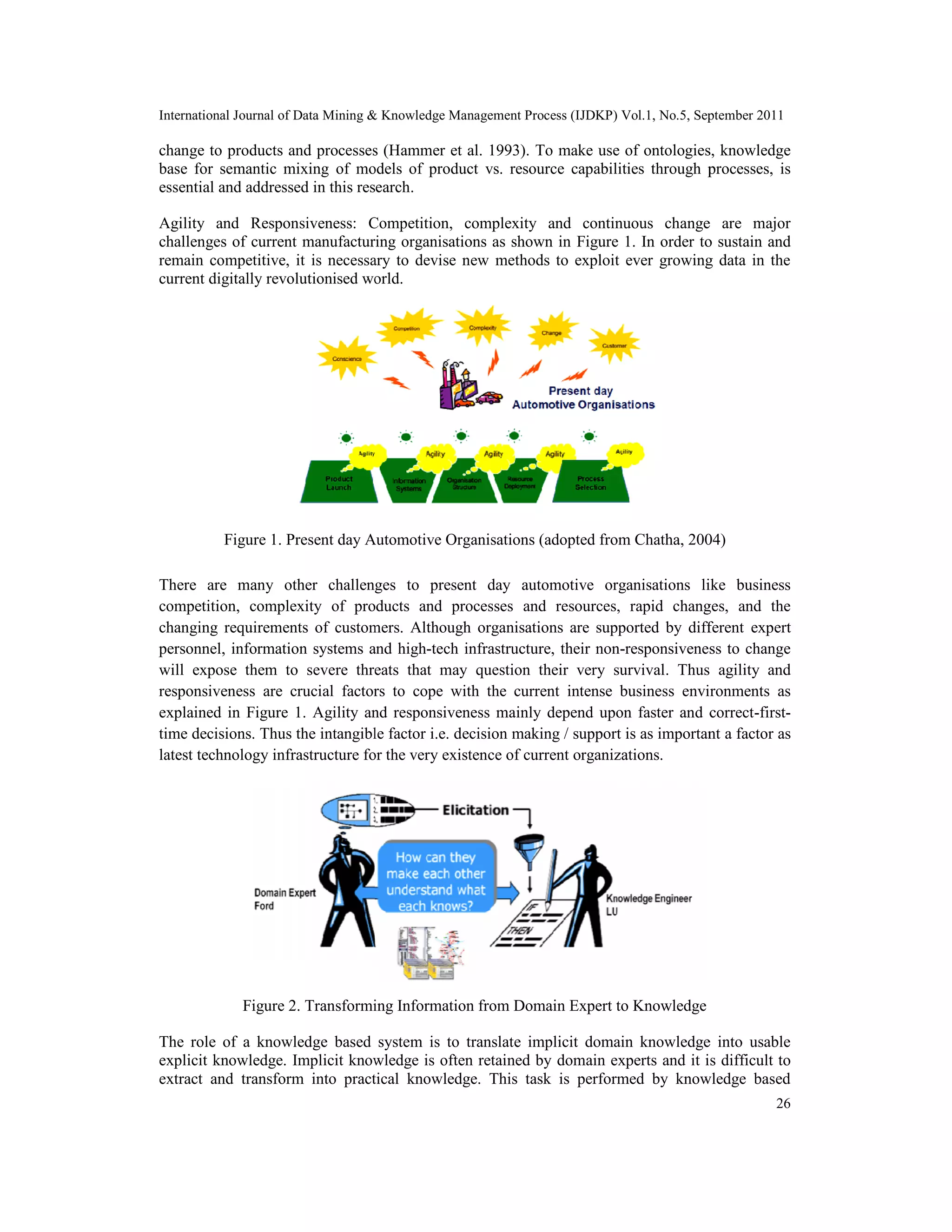 International Journal of Data Mining & Knowledge Management Process (IJDKP) Vol.1, No.5, September 2011
26
change to products and processes (Hammer et al. 1993). To make use of ontologies, knowledge
base for semantic mixing of models of product vs. resource capabilities through processes, is
essential and addressed in this research.
Agility and Responsiveness: Competition, complexity and continuous change are major
challenges of current manufacturing organisations as shown in Figure 1. In order to sustain and
remain competitive, it is necessary to devise new methods to exploit ever growing data in the
current digitally revolutionised world.
Figure 1. Present day Automotive Organisations (adopted from Chatha, 2004)
There are many other challenges to present day automotive organisations like business
competition, complexity of products and processes and resources, rapid changes, and the
changing requirements of customers. Although organisations are supported by different expert
personnel, information systems and high-tech infrastructure, their non-responsiveness to change
will expose them to severe threats that may question their very survival. Thus agility and
responsiveness are crucial factors to cope with the current intense business environments as
explained in Figure 1. Agility and responsiveness mainly depend upon faster and correct-first-
time decisions. Thus the intangible factor i.e. decision making / support is as important a factor as
latest technology infrastructure for the very existence of current organizations.
Figure 2. Transforming Information from Domain Expert to Knowledge
The role of a knowledge based system is to translate implicit domain knowledge into usable
explicit knowledge. Implicit knowledge is often retained by domain experts and it is difficult to
extract and transform into practical knowledge. This task is performed by knowledge based
International Journal of Data Mining & Knowledge Management Process (IJDKP) Vol.1, No.5, September 2011
26
change to products and processes (Hammer et al. 1993). To make use of ontologies, knowledge
base for semantic mixing of models of product vs. resource capabilities through processes, is
essential and addressed in this research.
Agility and Responsiveness: Competition, complexity and continuous change are major
challenges of current manufacturing organisations as shown in Figure 1. In order to sustain and
remain competitive, it is necessary to devise new methods to exploit ever growing data in the
current digitally revolutionised world.
Figure 1. Present day Automotive Organisations (adopted from Chatha, 2004)
There are many other challenges to present day automotive organisations like business
competition, complexity of products and processes and resources, rapid changes, and the
changing requirements of customers. Although organisations are supported by different expert
personnel, information systems and high-tech infrastructure, their non-responsiveness to change
will expose them to severe threats that may question their very survival. Thus agility and
responsiveness are crucial factors to cope with the current intense business environments as
explained in Figure 1. Agility and responsiveness mainly depend upon faster and correct-first-
time decisions. Thus the intangible factor i.e. decision making / support is as important a factor as
latest technology infrastructure for the very existence of current organizations.
Figure 2. Transforming Information from Domain Expert to Knowledge
The role of a knowledge based system is to translate implicit domain knowledge into usable
explicit knowledge. Implicit knowledge is often retained by domain experts and it is difficult to
extract and transform into practical knowledge. This task is performed by knowledge based
International Journal of Data Mining & Knowledge Management Process (IJDKP) Vol.1, No.5, September 2011
26
change to products and processes (Hammer et al. 1993). To make use of ontologies, knowledge
base for semantic mixing of models of product vs. resource capabilities through processes, is
essential and addressed in this research.
Agility and Responsiveness: Competition, complexity and continuous change are major
challenges of current manufacturing organisations as shown in Figure 1. In order to sustain and
remain competitive, it is necessary to devise new methods to exploit ever growing data in the
current digitally revolutionised world.
Figure 1. Present day Automotive Organisations (adopted from Chatha, 2004)
There are many other challenges to present day automotive organisations like business
competition, complexity of products and processes and resources, rapid changes, and the
changing requirements of customers. Although organisations are supported by different expert
personnel, information systems and high-tech infrastructure, their non-responsiveness to change
will expose them to severe threats that may question their very survival. Thus agility and
responsiveness are crucial factors to cope with the current intense business environments as
explained in Figure 1. Agility and responsiveness mainly depend upon faster and correct-first-
time decisions. Thus the intangible factor i.e. decision making / support is as important a factor as
latest technology infrastructure for the very existence of current organizations.
Figure 2. Transforming Information from Domain Expert to Knowledge
The role of a knowledge based system is to translate implicit domain knowledge into usable
explicit knowledge. Implicit knowledge is often retained by domain experts and it is difficult to
extract and transform into practical knowledge. This task is performed by knowledge based
 