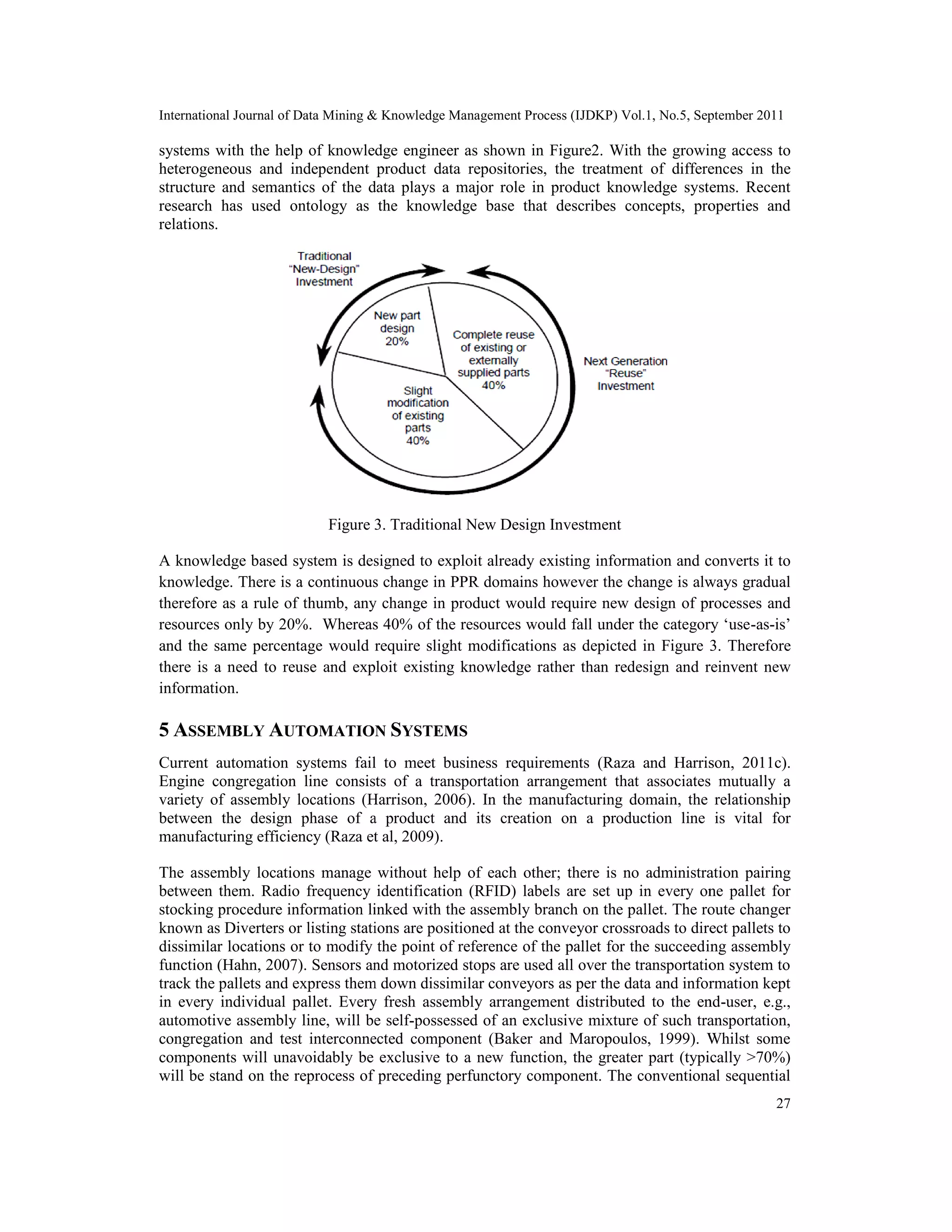 International Journal of Data Mining & Knowledge Management Process (IJDKP) Vol.1, No.5, September 2011
27
systems with the help of knowledge engineer as shown in Figure2. With the growing access to
heterogeneous and independent product data repositories, the treatment of differences in the
structure and semantics of the data plays a major role in product knowledge systems. Recent
research has used ontology as the knowledge base that describes concepts, properties and
relations.
Figure 3. Traditional New Design Investment
A knowledge based system is designed to exploit already existing information and converts it to
knowledge. There is a continuous change in PPR domains however the change is always gradual
therefore as a rule of thumb, any change in product would require new design of processes and
resources only by 20%. Whereas 40% of the resources would fall under the category ‘use-as-is’
and the same percentage would require slight modifications as depicted in Figure 3. Therefore
there is a need to reuse and exploit existing knowledge rather than redesign and reinvent new
information.
5 ASSEMBLY AUTOMATION SYSTEMS
Current automation systems fail to meet business requirements (Raza and Harrison, 2011c).
Engine congregation line consists of a transportation arrangement that associates mutually a
variety of assembly locations (Harrison, 2006). In the manufacturing domain, the relationship
between the design phase of a product and its creation on a production line is vital for
manufacturing efficiency (Raza et al, 2009).
The assembly locations manage without help of each other; there is no administration pairing
between them. Radio frequency identification (RFID) labels are set up in every one pallet for
stocking procedure information linked with the assembly branch on the pallet. The route changer
known as Diverters or listing stations are positioned at the conveyor crossroads to direct pallets to
dissimilar locations or to modify the point of reference of the pallet for the succeeding assembly
function (Hahn, 2007). Sensors and motorized stops are used all over the transportation system to
track the pallets and express them down dissimilar conveyors as per the data and information kept
in every individual pallet. Every fresh assembly arrangement distributed to the end-user, e.g.,
automotive assembly line, will be self-possessed of an exclusive mixture of such transportation,
congregation and test interconnected component (Baker and Maropoulos, 1999). Whilst some
components will unavoidably be exclusive to a new function, the greater part (typically >70%)
will be stand on the reprocess of preceding perfunctory component. The conventional sequential
International Journal of Data Mining & Knowledge Management Process (IJDKP) Vol.1, No.5, September 2011
27
systems with the help of knowledge engineer as shown in Figure2. With the growing access to
heterogeneous and independent product data repositories, the treatment of differences in the
structure and semantics of the data plays a major role in product knowledge systems. Recent
research has used ontology as the knowledge base that describes concepts, properties and
relations.
Figure 3. Traditional New Design Investment
A knowledge based system is designed to exploit already existing information and converts it to
knowledge. There is a continuous change in PPR domains however the change is always gradual
therefore as a rule of thumb, any change in product would require new design of processes and
resources only by 20%. Whereas 40% of the resources would fall under the category ‘use-as-is’
and the same percentage would require slight modifications as depicted in Figure 3. Therefore
there is a need to reuse and exploit existing knowledge rather than redesign and reinvent new
information.
5 ASSEMBLY AUTOMATION SYSTEMS
Current automation systems fail to meet business requirements (Raza and Harrison, 2011c).
Engine congregation line consists of a transportation arrangement that associates mutually a
variety of assembly locations (Harrison, 2006). In the manufacturing domain, the relationship
between the design phase of a product and its creation on a production line is vital for
manufacturing efficiency (Raza et al, 2009).
The assembly locations manage without help of each other; there is no administration pairing
between them. Radio frequency identification (RFID) labels are set up in every one pallet for
stocking procedure information linked with the assembly branch on the pallet. The route changer
known as Diverters or listing stations are positioned at the conveyor crossroads to direct pallets to
dissimilar locations or to modify the point of reference of the pallet for the succeeding assembly
function (Hahn, 2007). Sensors and motorized stops are used all over the transportation system to
track the pallets and express them down dissimilar conveyors as per the data and information kept
in every individual pallet. Every fresh assembly arrangement distributed to the end-user, e.g.,
automotive assembly line, will be self-possessed of an exclusive mixture of such transportation,
congregation and test interconnected component (Baker and Maropoulos, 1999). Whilst some
components will unavoidably be exclusive to a new function, the greater part (typically >70%)
will be stand on the reprocess of preceding perfunctory component. The conventional sequential
International Journal of Data Mining & Knowledge Management Process (IJDKP) Vol.1, No.5, September 2011
27
systems with the help of knowledge engineer as shown in Figure2. With the growing access to
heterogeneous and independent product data repositories, the treatment of differences in the
structure and semantics of the data plays a major role in product knowledge systems. Recent
research has used ontology as the knowledge base that describes concepts, properties and
relations.
Figure 3. Traditional New Design Investment
A knowledge based system is designed to exploit already existing information and converts it to
knowledge. There is a continuous change in PPR domains however the change is always gradual
therefore as a rule of thumb, any change in product would require new design of processes and
resources only by 20%. Whereas 40% of the resources would fall under the category ‘use-as-is’
and the same percentage would require slight modifications as depicted in Figure 3. Therefore
there is a need to reuse and exploit existing knowledge rather than redesign and reinvent new
information.
5 ASSEMBLY AUTOMATION SYSTEMS
Current automation systems fail to meet business requirements (Raza and Harrison, 2011c).
Engine congregation line consists of a transportation arrangement that associates mutually a
variety of assembly locations (Harrison, 2006). In the manufacturing domain, the relationship
between the design phase of a product and its creation on a production line is vital for
manufacturing efficiency (Raza et al, 2009).
The assembly locations manage without help of each other; there is no administration pairing
between them. Radio frequency identification (RFID) labels are set up in every one pallet for
stocking procedure information linked with the assembly branch on the pallet. The route changer
known as Diverters or listing stations are positioned at the conveyor crossroads to direct pallets to
dissimilar locations or to modify the point of reference of the pallet for the succeeding assembly
function (Hahn, 2007). Sensors and motorized stops are used all over the transportation system to
track the pallets and express them down dissimilar conveyors as per the data and information kept
in every individual pallet. Every fresh assembly arrangement distributed to the end-user, e.g.,
automotive assembly line, will be self-possessed of an exclusive mixture of such transportation,
congregation and test interconnected component (Baker and Maropoulos, 1999). Whilst some
components will unavoidably be exclusive to a new function, the greater part (typically >70%)
will be stand on the reprocess of preceding perfunctory component. The conventional sequential
 