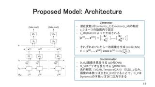 Proposed Model: Architecture
12
Generator
- 潜在変数zはcontent(z_C)とmotion(z_M)の結合
- z_Cは一つの動画内で固定
- z_MはGRUによって生成される
- それぞれのz^k から一枚画像を生成 (2DのCNN)
Discriminator
- D_Iは画像を見分ける (2DのCNN)
- D_Vはビデオを見分ける (3DのCNN)
- 先行研究（VGAN,TemporalGAN）ではD_Vのみ。
画像の本物っぽさをD_Iに任せることで、D_Vは
Dynamicsの本物っぽさに注力できる
 