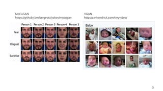 3
MoCoGAN
https://github.com/sergeytulyakov/mocogan
VGAN
http://carlvondrick.com/tinyvideo/
 