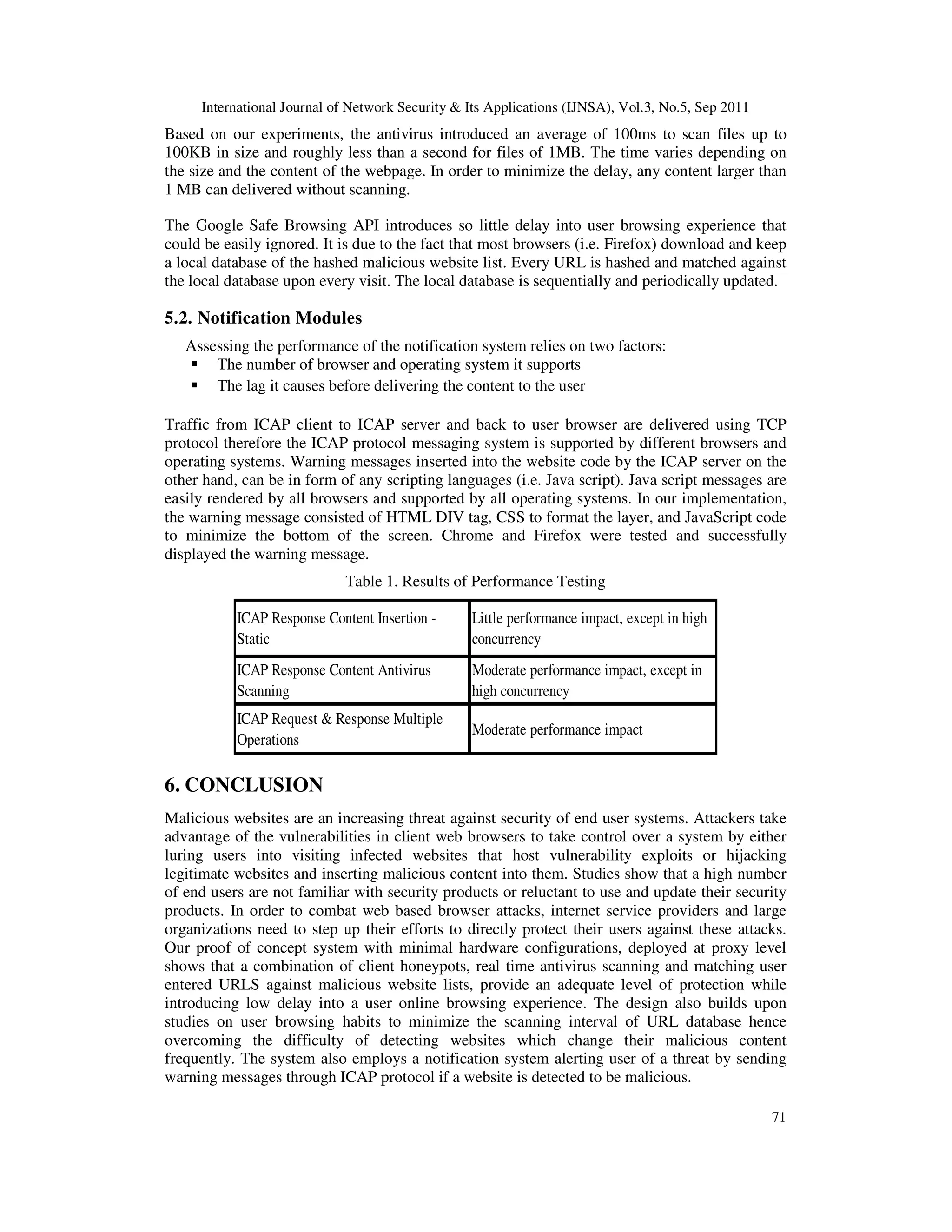 International Journal of Network Security & Its Applications (IJNSA), Vol.3, No.5, Sep 2011
71
Based on our experiments, the antivirus introduced an average of 100ms to scan files up to
100KB in size and roughly less than a second for files of 1MB. The time varies depending on
the size and the content of the webpage. In order to minimize the delay, any content larger than
1 MB can delivered without scanning.
The Google Safe Browsing API introduces so little delay into user browsing experience that
could be easily ignored. It is due to the fact that most browsers (i.e. Firefox) download and keep
a local database of the hashed malicious website list. Every URL is hashed and matched against
the local database upon every visit. The local database is sequentially and periodically updated.
5.2. Notification Modules
Assessing the performance of the notification system relies on two factors:
The number of browser and operating system it supports
The lag it causes before delivering the content to the user
Traffic from ICAP client to ICAP server and back to user browser are delivered using TCP
protocol therefore the ICAP protocol messaging system is supported by different browsers and
operating systems. Warning messages inserted into the website code by the ICAP server on the
other hand, can be in form of any scripting languages (i.e. Java script). Java script messages are
easily rendered by all browsers and supported by all operating systems. In our implementation,
the warning message consisted of HTML DIV tag, CSS to format the layer, and JavaScript code
to minimize the bottom of the screen. Chrome and Firefox were tested and successfully
displayed the warning message.
Table 1. Results of Performance Testing
ICAP Response Content Insertion -
Static
Little performance impact, except in high
concurrency
ICAP Response Content Antivirus
Scanning
Moderate performance impact, except in
high concurrency
ICAP Request & Response Multiple
Operations
Moderate performance impact
6. CONCLUSION
Malicious websites are an increasing threat against security of end user systems. Attackers take
advantage of the vulnerabilities in client web browsers to take control over a system by either
luring users into visiting infected websites that host vulnerability exploits or hijacking
legitimate websites and inserting malicious content into them. Studies show that a high number
of end users are not familiar with security products or reluctant to use and update their security
products. In order to combat web based browser attacks, internet service providers and large
organizations need to step up their efforts to directly protect their users against these attacks.
Our proof of concept system with minimal hardware configurations, deployed at proxy level
shows that a combination of client honeypots, real time antivirus scanning and matching user
entered URLS against malicious website lists, provide an adequate level of protection while
introducing low delay into a user online browsing experience. The design also builds upon
studies on user browsing habits to minimize the scanning interval of URL database hence
overcoming the difficulty of detecting websites which change their malicious content
frequently. The system also employs a notification system alerting user of a threat by sending
warning messages through ICAP protocol if a website is detected to be malicious.
 