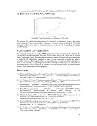 International Journal of Network Security & Its Applications (IJNSA), Vol.3, No.5, Sep 2011
96
6.2. Time Taken in Collecting Probe_AckMessages
Figure 16. Time Consumption in Collecting Probe_Ack
The graph in fig. 16plots time taken in receiving the Probe_Ack message. It shows that after a
node broadcasts Probe message, within maximum1 time unit, it receives all of the Probe_Ack
messages, so that can be taken as the maximum time a node can wait for checking the validity
of RREP packet.
7. CONCLUSIONS AND FUTURE SCOPE
The approach proposed here makes RREP packet forwarding conditional. By checking the
validity of the two-hop neighbor node that has forwarded the packet, a node lets it to move
further towards the source. Wormhole end is detected when the identity of the two-hop neighbor
is found illegal. Authenticity checking of such two-hop neighbors is carried out using a
preloaded secret key. By comparing the memory requirement for various numbers of neighbors,
it can be concluded that by spending more on setup cost, higher scalability can be achieved. The
proposed scheme focuses on the type of wormhole with out-of-band channel. It can be extended
to detect other types of wormhole attacks also.
REFERENCES
[1] C.KarlofandD.Wagner,“Secure Routing inWireless Sensor Networks:AttacksandCountermeasures”,in
Elsevier’sAdhocNetworkJournal SpecialIssueon SensorNetworkApplicationandProtocols,
vol.1,issue.2-3,pp.293-315,September2003
[2] I F Akyildiz, W Su and Y Sankarasubramaniam,E Cayirci, “WirelessSensorNetworks:asurvey,”in
ElsevierScienceB.V.,ComputerNetworks,vol.38(4),pp.394-422,March 2002
[3] DeveshJinwala, “Ubiquitous Computing:WirelessSensorNetworkDeployment,Models,Security,
ThreatsandChallenges”,inNationalconference NCIIRP-2006,SRMIST, pp.1-8,April 2006
[4] RoubaElKaissi,AymanKayssi, AliChehab andZaherDawy,“DAWWSEN:ADefense
Mechanismagainst WormholeAttacks In Wireless Sensor Networks”, in The
SecondInternationalConferenceonInnovations InInformationTechnology,pp. 1-10, 2005
[5] I .Khalil, S .Bagchia n d N . B. S h r o f f , ”LITEWORP: ALightweightCountermeasure for the
WormholeAttackinMultihopWirelessNetwork”,inInternationalConference
onDependableSystemsandNetworks(DSN), pp.1-22,2005
[6] S a u r a b h UpadhyayandBrijeshKumarChaurasia, “Impactof WormholeAttacksonMANETs”,in
InternationalJ ournalofComputerScienceandEmergingTechnologies(E-ISSN:2044-
6004),vol.2,issue.1,pp.77-82,February2011
[7] Y . C. Hu, A. PerrigandD.B. Johnson, “Packet Leashes:ADefenseagainstWormholeAttacksin
WirelessNetworks”,in22ndAnnualJoint ConferenceoftheIEEEComputerandCommunications Societies
(INFOCOM),pp.1976-1986,2003
 