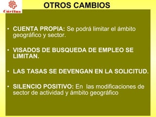 OTROS CAMBIOS  CUENTA PROPIA:  Se podrá limitar el ámbito geográfico y sector. VISADOS DE BUSQUEDA DE EMPLEO SE LIMITAN. LAS TASAS SE DEVENGAN EN LA SOLICITUD. SILENCIO POSITIVO:  En  las modificaciones de sector de actividad y ámbito geográfico 