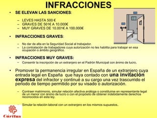 INFRACCIONES SE ELEVAN LAS SANCIONES : LEVES HASTA 500 € GRAVES DE 501€ A 10.000€ MUY GRAVES DE 10.001€ A 100.000€ INFRACCIONES GRAVES :  No  dar de alta en la Seguridad Social al trabajador.  La contratación de trabajadores cuya autorización no les habilita para trabajar en esa ocupación o ámbito geográfico. INFRACCIONES MUY GRAVES: Consentir la inscripción de un extranjero en el Padrón Municipal con ánimo de lucro . Promover la permanencia irregular en España de un extranjero cuya entrada legal en España  que haya contado con  una invitación expresa  del infractor y continué a su cargo una vez trascurrido el periodo de tiempo permitido por su visado o autorización. Contraer matrimonio, simular relación afectiva análoga o constituirse en representante legal de un menor con ánimo de lucro o con el propósito de obtener indebidamente derechos reconocidos en esta ley. Simular la relación laboral con un extranjero en los mismos supuestos . 