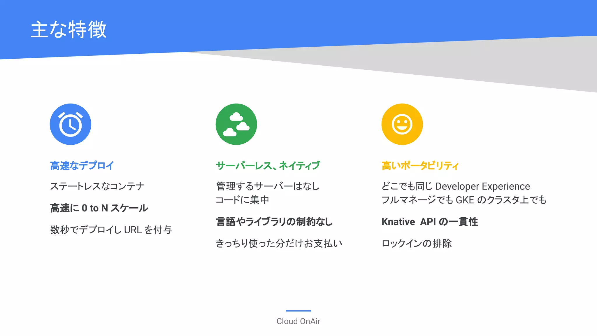Cloud OnAir
主な特徴
高速なデプロイ
ステートレスなコンテナ
高速に 0 to N スケール
数秒でデプロイし URL を付与
サーバーレス、ネイティブ
管理するサーバーはなし
コードに集中
言語やライブラリの制約なし
きっちり使った分だけお支払い
高いポータビリティ
どこでも同じ Developer Experience
フルマネージでも GKE のクラスタ上でも
Knative API の一貫性
ロックインの排除
 