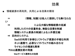 効果
情報資源の再利用、共用による効果の期待

 ＝         （情報、知識）は他人に提供しても無くならな
い
 ⇒           による大幅な情報経費の低減
   利用しただけの従量料金、無駄な空費を削減
   情報システム要員の削減による人件費圧縮
⇒ 目的のシステム
   SaaSの利用で多様なソフトウェア資源の手軽な利用
   ネット連携で、必要なソフトウェアの組み合わせ
   ライセンスの増減も簡単
    連携技術の発展
     Webサービス標準化の効果
 