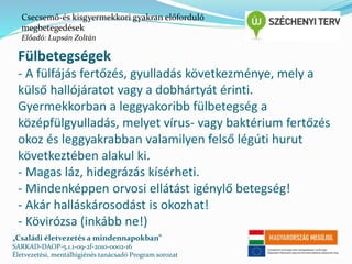 Csecsemő-és kisgyermekkori gyakran előforduló 
megbetegedések 
Előadó: Lupsán Zoltán 
Fülbetegségek 
- A fülfájás fertőzés, gyulladás következménye, mely a 
külső hallójáratot vagy a dobhártyát érinti. 
Gyermekkorban a leggyakoribb fülbetegség a 
középfülgyulladás, melyet vírus- vagy baktérium fertőzés 
okoz és leggyakrabban valamilyen felső légúti hurut 
következtében alakul ki. 
- Magas láz, hidegrázás kísérheti. 
- Mindenképpen orvosi ellátást igénylő betegség! 
- Akár halláskárosodást is okozhat! 
- Kövirózsa (inkább ne!) 
„Családi életvezetés a mindennapokban” 
SARKAD-DAOP-5.1.1-09-2f-2010-0002-16 
Életvezetési, mentálhigiénés tanácsadó Program sorozat 
 
