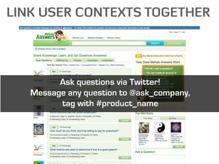 LINK USER CONTEXTS TOGETHER




         Ask questions via Twitter!
   Message any question to @ask_company,
         tag with #product_name
 