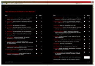 Internet




Wie überdurchschnittlich ist Ihre Website? 

Frage                                                                     Ja   Punkte   Frage                                                                          Ja   Punkte


1.   Site Branding: Erkennen die Besucher Ihrer Website sofort,                    5    12.  Personalisierung: Merkt Ihre Website, wenn derselbe Besucher                       10
     dass es sich um Ihre Firma oder Ihre Produkte handelt?                                  wiederkehrt, und bietet sie ihm dann personalisierte Inhalte an?

2.   Technologie: Sieht Ihre Website in allen wichtigen Browsern                   5    13.  Personalisierung: Verfügt Ihre Website über die Möglichkeit,                       10
     gleich gut aus?                                                                         dass sich Benutzer für einen Onlineservice registrieren können?

3.   Technologie: Ist Ihre Website WC-konform?                                    5    14.  RSS-Feed: Bietet Ihre Website einen RSS-Feed?                                        5
                                                                                    
4.   Accessibility: Bietet Ihre Website erleichterten Zugriff für                  5    15.  Social Commerce: Können Besucher Ihrer Website miteinander                           5
     Personen, die nicht mit der Kombination Auge / Maus surfen können?                      in Kontakt treten, während sie Ihre Website besuchen?

5.   Webstatistik: Verfügt Ihre Website über eine Webstatistik?                    2    16.  Social Commerce: Bietet Ihr Webauftritt die Möglichkeit,                           10
                                                                                             einem Club (Firma oder Produkt) beizutreten, damit Besucher
6.   Webstatistik: Nutzt Ihre Website Google Analytics oder ein                    5         sich gegenseitig austauschen können?
     ähnliches Produkt?
                                                                                        17.  Google: Landet Ihre Website an erster Stelle, wenn Sie nach                          5
7.   User Tracking: Können Sie auswerten, was Besucher                             5         Ihrer Firma suchen?
     Ihrer Website auf den einzelnen Seiten tun?
                                                                                        18.  Google: Landet Ihre Website auf der ersten Suchresultatseite,                      10
8.   Conversion Tracking: Haben Sie Abläufe definiert,                            10         wenn Sie nach Produkten suchen, die Ihre Firma anbietet?
     welche die Besucher Ihrer Website befolgen sollen, und können
     Sie diese auswerten?                                                               19.  AdWords: Nutzen Sie Google AdWords?                                                  5

9.   Interactive User Response: Bietet Ihre Website Möglichkeiten,                 5    20.  Affiliation: Nutzt Ihre Website Affiliation-Programme?                               5
     dass Besucher online Inhalte bewerten können?
                                                                                        21.  Analyse: Werden die Statistiken, die Ihre Website zur Verfügung                    10
10.  Interactive User Response: Bietet Ihre Website Möglichkeiten,                 5         stellt, regelmässig ausgewertet?
     mit denen Besucher online Inhalte weiterempfehlen können?
                                                                                        22.  Optimierung: Wird Ihre Website aufgrund von Analysen der                           10
11.  Interactive User Response: Können Besucher Ihnen ein                          5         zur Verfügung stehenden Statistiken regelmässig angepasst
     Feedback via Onlinefragebogen geben?                                                    und optimiert?

                                                                                        Total Punkte (bitte addieren Sie die Punkte für alle Ja-Antworten)

                                                                                        Die Auflösung finden Sie auf der letzten Seite dieser Ausgabe von connected.


connected 07 11 | 2009                                                                                                                                                      Seite 8
 