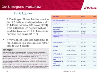 Der Untergrund Marktplatz February 12, 2010 Bank Logons A Washington Mutual Bank account in the U.S. with an available balance of $14,400 is priced at 600 euros ($924), while a Citibank UK account with an available balance of 10,044 pounds is priced at 850 euros ($1,310).  It may appear to be less dangerous to resell access to a bank account rather than to use it directly. 