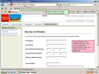 √ Ω February 12, 2010 User ist auf seiner Bank Webseite SSL Zertifikat ist valide, Schloss wird angezeigt Torpig injiziert in den Browser ein Form, das nach zusätzlichen Informationen fragt – im selben Stil wie die Webseite 