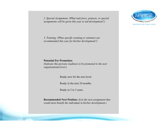 2. Special Assignment: (What task force, projects, or special
assignments will be given this year to aid development?)
3. Training: (What specific training or seminars are
recommended this year for his/her development?)
Potential For Promotion:
(Indicate this persons readiness to be promoted to the next
organizational level.)
Ready now for the next level.
Ready in the next 24 months.
Ready in 2 to 3 years.
Recommended Next Position: (List the next assignment that
would most benefit the individual in his/her development.)
 